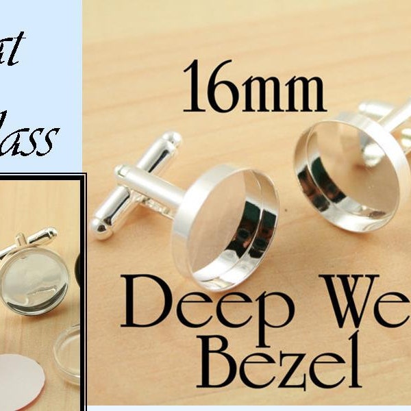 10 ct. 16mm Deep CUFF LiNK- Shiny Silver, Makes 5 Pair of Cufflinks - Great with Resin - Optional Glass and Adhesive Seals offered.