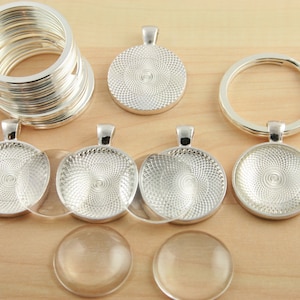 5 KEY Ring Making SETS Blank 25mm or 30mm Round Pendant Trays,  Glass Domes, 25mm Large Split Rings -  1 inch or 30mm SILVER, Photos Charms