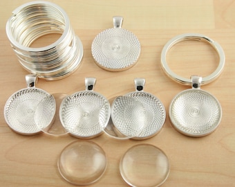 30 KEY Ring Making SETS Blank 1 inch Round Pendant Trays,  Glass Domes, Large Split Rings -  1 inch SILVER, Photos Charms