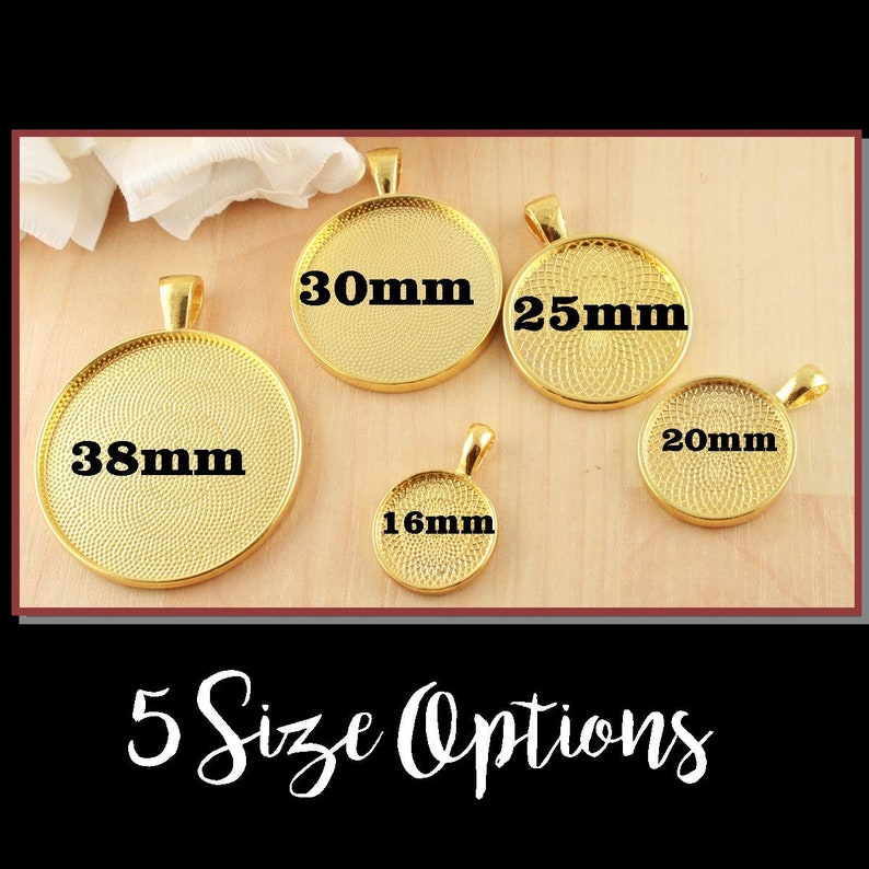 May include: Five gold-colored metal pendant trays in different sizes: 16mm, 20mm, 25mm, 30mm, and 38mm. The trays have a textured surface and a loop for hanging.