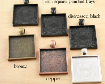 Sale - 100 Blank 1 inch SQUARE Pendant Trays  -  Shiny Silver Plated 25 mm Photos Charms. Silver, Black, Copper, Bronze. You Choose Colors.