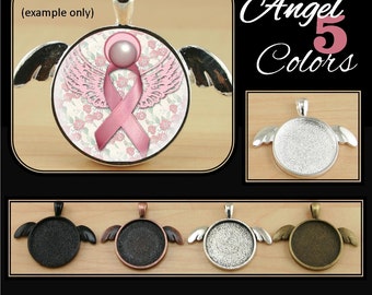 Sampler 5 - 25mm "Angel Wings"  Silver, Black, Antique Silver, Copper, Bronze Alloy Pendant Charm Trays, Optional Glass (5),Seals (5 or 10).