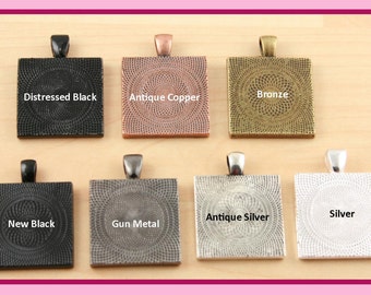 Sale - 20 Blank 1 inch SQUARE Cabochon Setting Pendant Trays  -  25 mm Photos Charms. Silver, Black, Copper, Bronze. You Choose Colors.