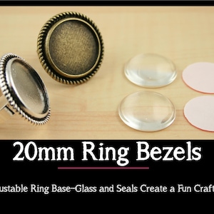 10 - 20mm ROUND Alloy Ring BezelTray and Optional 20mm Glass Domes (10) and Adhesive Craft Seals (10 or 20) Adjustable Ring Base. Craft Kit