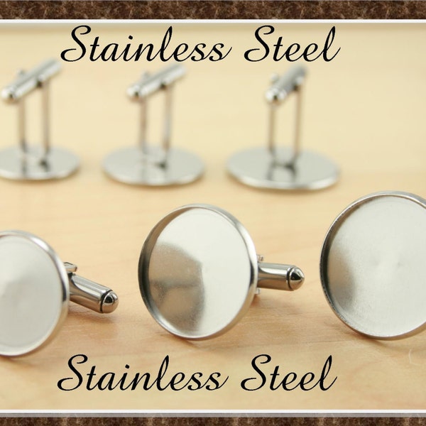 NEW! 1 Pair 16mm, 18mm, 20mm Stainless Steel Cuff Links Optional GLASS Domes(2), Adhesive Seals (2 or 4) - These Won't Break- Makes 1 Pair