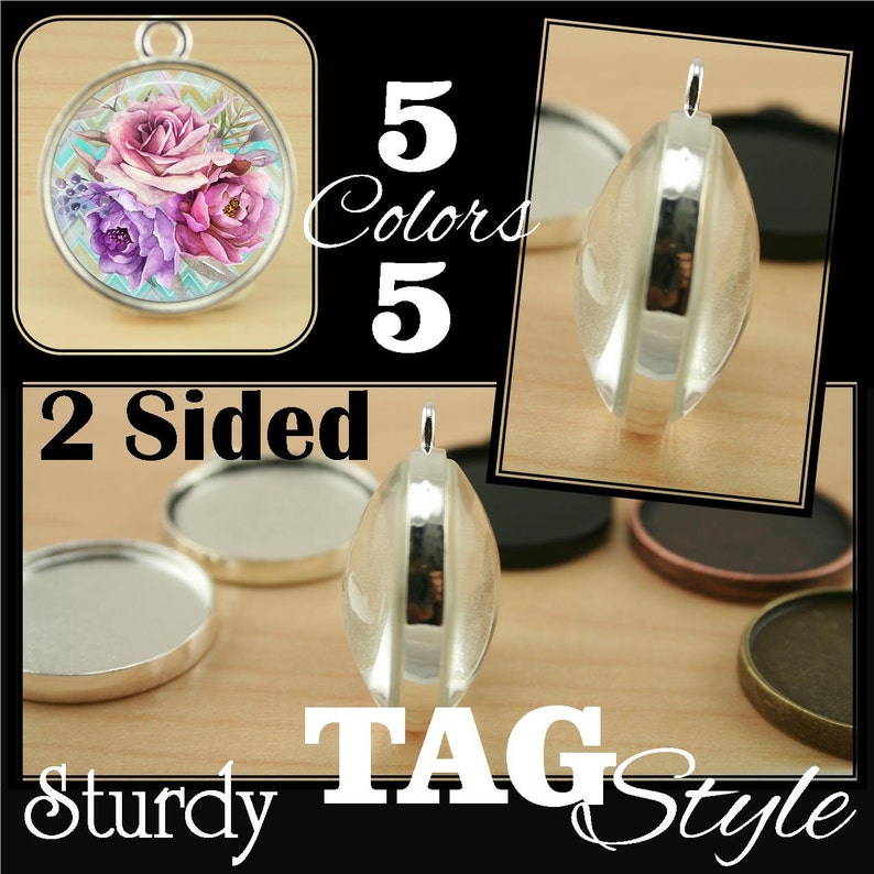 10 STURDY TAG Style 25mm Pendant, Two Sided, Double Sided, Round Alloy. Optional Glass 20, Seals 20 or 40 Offered. Black is available image 1