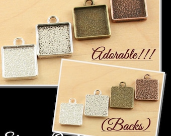 12mm - 10 Sturdy Teeny SQUARE Charms, TAG Style Pendant Trays -ALLOY.  Silver, Antique Silver, Copper, Bronze. Glass 10, Seals (10 or 20)