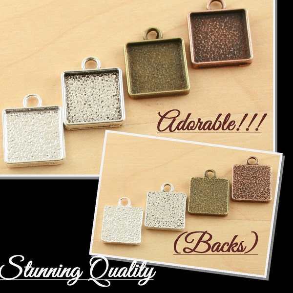 12mm - 10 Sturdy Teeny SQUARE Charms, TAG Style Pendant Trays -ALLOY.  Silver, Antique Silver, Copper, Bronze. Glass 10, Seals (10 or 20)