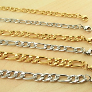 Pick Length, Sz-Stainless Steel FIGARO Chain. 16&quot;, 18&quot;, 20&quot;, 22&quot;, 24&quot; Gold or Silver Tones. Quality. Wholesale, Men&#39;s, Unisex. 4mm. 6mm, 8mm