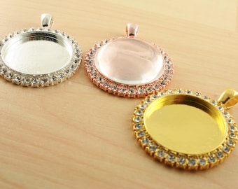 10 -25mm "RHINESTONE Shimmery Edge" Silver, Gold, Rose Gold Alloy Pendant Charm Trays, Optional Glass (10),Seals (10or20).