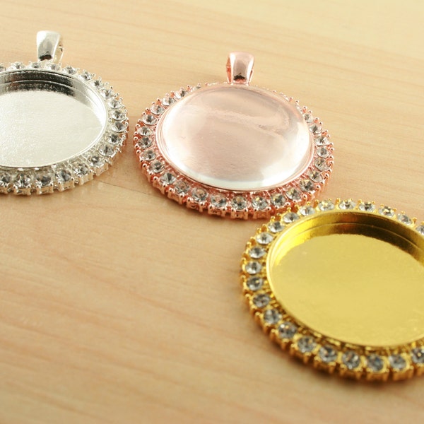 10 -25mm "RHINESTONE Shimmery Edge" Silver, Gold, Rose Gold Alloy Pendant Charm Trays, Optional Glass (10),Seals (10or20).