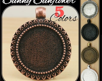 10 -25mm "SUNNY-SUNFLOWER Edge" Silver, Black, Antique Silver, Copper, Bronze Alloy Pendant Charm Trays, Optional Glass (10),Seals (10or20).