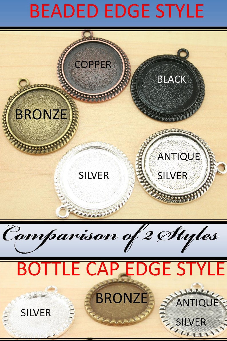 10 25mm Bottle Cap Style or Beaded Edge Black, Silver, Bronze, Copper Alloy Bezel Charm Tray, Optional Glass 10, Seals 10 or 20. image 9