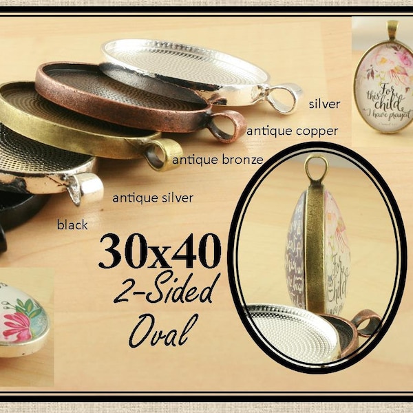 10 PENDANT STYLE Two Sided, Double Sided,  30x40mm Bezel Tray - 2 Sided Charm Optional  20 Glass pcs and Seals 20 or 40 ct.  Ships from USA