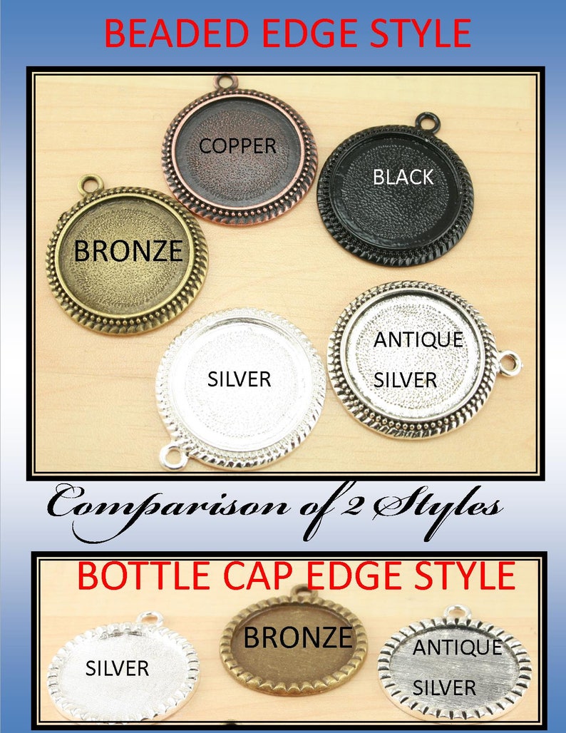 10 25mm Bottle Cap Style or Beaded Edge Black, Silver, Bronze, Copper Alloy Bezel Charm Tray, Optional Glass 10, Seals 10 or 20. image 6