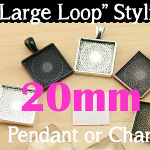 50 Kits-20mm SQUARE, Large Bail Pendants. GLASS (10), PENDANTS (50), Vintage Chain- Photo Glass Jewelry, Pick your supplies. 5 Trendy Colors