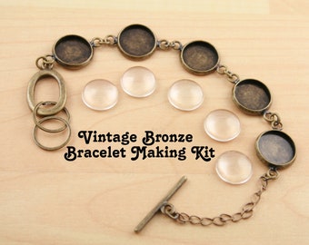 1 KIT Bezel Link Photo Charm Bracelet KIT - Bronze, Classic Copper or Shiny Silver Bracelet- attached 12mm Charm Tray Links.  Glass Domes.