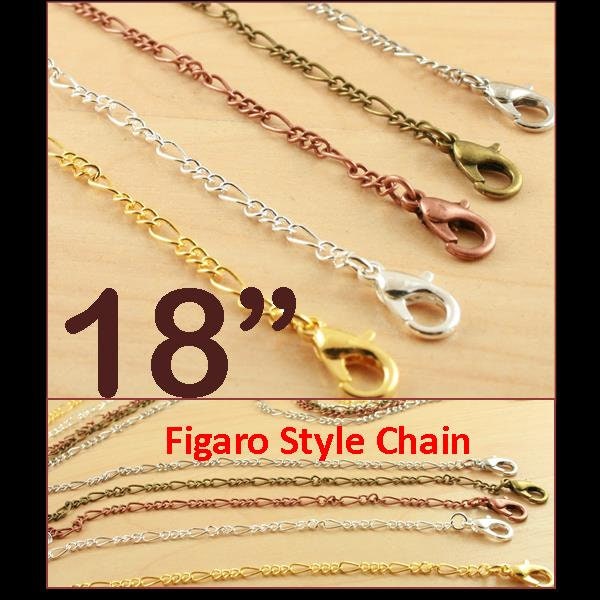 New -10 FIGARO Chains with lobster clasps -Delicate Style Links. Gold, Silver, Antique Copper, Bronze, Platinum tone - 18 inch Necklace.