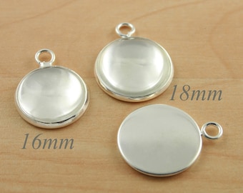 10 SILVER 16mm, 18mm or 20mm Bezel Trays, Charm Drops-Earring, pendants. Optional Glass Cabochons (10), Adhesive Craft Seals (10 or 20)