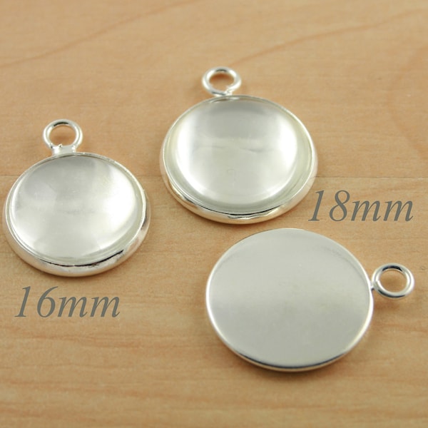 35 SILVER 16mm, 18mm, 20mm Bezel Trays, Charm Drops-Earring, pendants. Optional Glass (35), Adhesive Craft Seals (35 or 70) TLC*. Final Sale