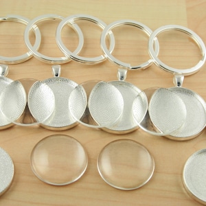 5 KEY Ring Making SETS Blank 30mm ROUND Pendant Trays, Domes, Large Split Rings -Optional Seals (5 or 10). Flat or Domed Glass offered.