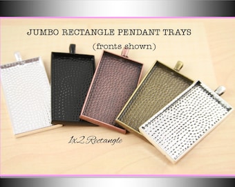 50 Blank Rectangle Pendant Trays - 1x2 Rectangle. Silver,Black, Antique Copper, Antique Bronze, Antique Silver.  Glass is sold separately.