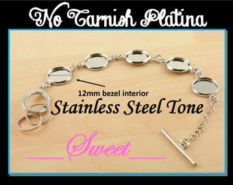 10 Bracelets, Optional 50 Glass, 12mm -  PLATINUM Stainless Steel Tone Blank Bezel Link Photo Charm Bracelet  - Adjustable - No Tarnish