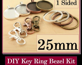 10 25mm - 1 Sided -  Key Ring Making DIY Kit. XL Split Ring, 10 Standard Swivel Clips, ROUND 25mm Pendant. Optional Glass 10, Seals 10 or 20