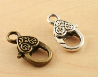 10 Heart Detail Tibetan Style Lobster Clasps - For Chain and Bracelet Making. Antique Silver or Bronze
