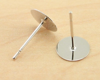 50 Earring Stud Posts, 8mm pad, SILVER. Lead Free Nickel Free Cadmium Free. Brass Head. for DIY, Ships from USA.