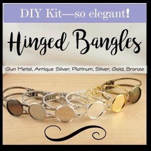 May include: A set of hinged bangle bracelets in various metal finishes, including gunmetal, antique silver, platinum, silver, gold, and bronze. Each bangle features a round, open-back bezel setting.