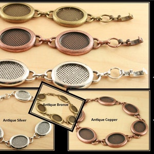 May include: Three silver, copper, and bronze oval-shaped charm bracelets with a mesh design. Each bracelet has a lobster clasp closure. The bracelets are 1.8 x 1.3 inches (interior).