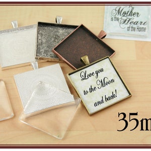 10 Blank 35mm Pendant Trays -SQUARES.  Shiny Silver, Black, Bronze, Antique Silver, Antique Copper Bezels. Glass is sold separately