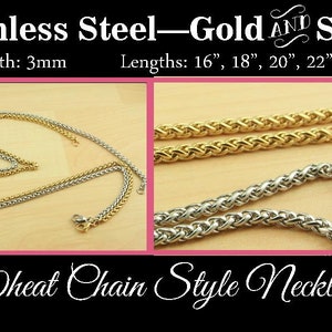 Könnte beinhalten: Zwei Ketten im Weizenkorn-Stil, eine in Gold und eine in Silber, mit Karabinerverschlüssen. Die Ketten sind 3 mm breit und in den Längen 16, 18, 20, 22 und 24 Zoll erhältlich.