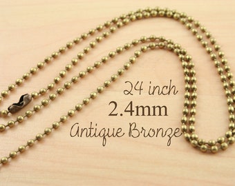 24 inch Highest Quality Ball Chain Necklaces - 2.4mm Antique BRONZE Chain with Connectors. - 10 Chains