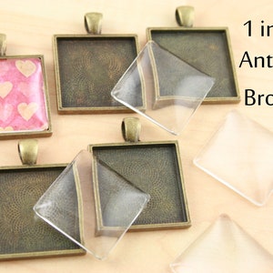 Sale - 10 ANTIQUE BRONZE Pendant Trays SQUARE Blank 1 inch Pendant Photo Charms - Square Glass sold separately