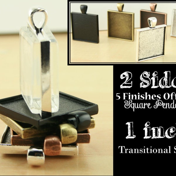 10 Square PENDANT STYLE Two Sided, Double Sided, 1 inch Bezel Tray - 2 Sided Charm Optional  20 Glass, Seals 20 or 40 count.  Ships from USA