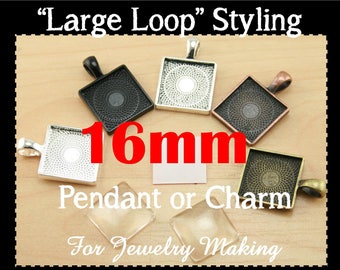 20 - 16mm SQUARE, Large Bail Alloy Pendant Tray and Optional 16mm Glass Tiles (20) and Adhesive Seals (20 or 40)