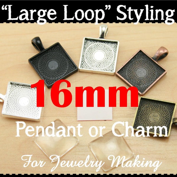 20 - 16mm SQUARE, Large Bail Alloy Pendant Tray and Optional 16mm Glass Tiles (20) and Adhesive Seals (20 or 40)