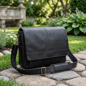 Schwarze Leder-Umhängetasche, Laptoptasche aus hochwertigem Leder, Herren-Schultertasche, Aktentasche