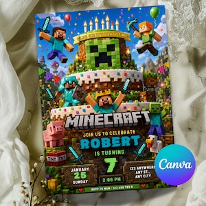 Convite de aniversário com tema de pixel art | Convite para festa gamer | Cartão de aniversário editável no Canva | Convite infantil com tema de videogame
