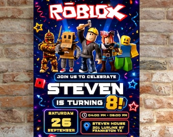 May include: A rectangular party invitation poster featuring the Roblox logo at the top, five blocky character figures, and text announcing Steven is turning 8 on Saturday, September 26, from 04:00 PM to 06:00 PM at Steven House, 301 Lurline St, Frankston TX.