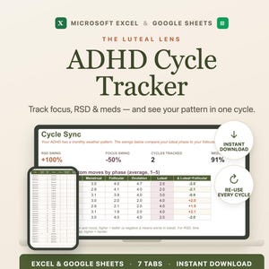 May include: A digital ADHD Cycle Tracker spreadsheet for Microsoft Excel and Google Sheets. The interface displays a Cycle Sync dashboard with data tables for tracking focus, RSD, and medication patterns across menstrual, follicular, and luteal phases.