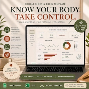 Puede incluir: Una computadora portátil muestra una plantilla de seguimiento del bienestar para Google Sheets y Excel. El panel muestra análisis de datos, seguimiento de síntomas e identificación de tendencias. El texto en la pantalla dice "Know Your Body. Take Control."