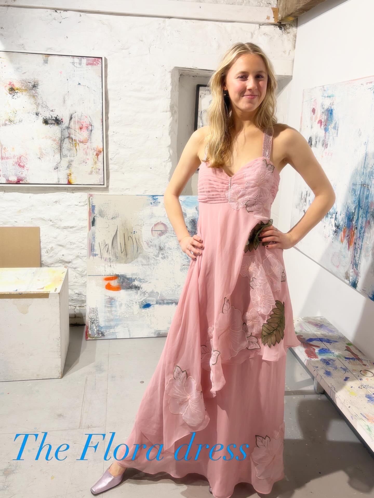 green emerald velvet dress Upcycled Patchwork Multi Print Maxi Dress in Pink – Sure Design main image 1