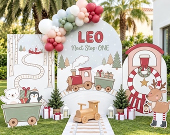 Set di sfondi per compleanno a tema treno del Polo Nord, stampabile personalizzato per feste di Natale a tema treno (pacchetto digitale)