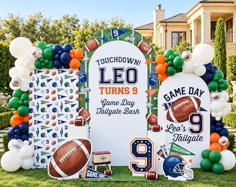 May include: A football-themed party backdrop featuring white arched panels with the text 'TOUCHDOWN! LEO TURNS 9', 'Game Day Tailgate Bash', and 'GAME DAY Leo's 9 Tailgate'. Includes balloon garlands, football cutouts, and a number 9 sign.