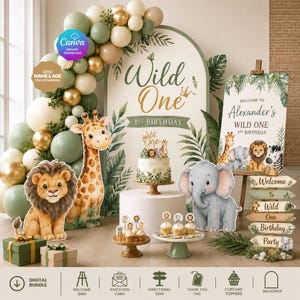 May include: A jungle-themed party decoration set, including a 'Wild One' banner, animal cutouts, balloons, a cake, and signage. The color scheme is green, gold, and brown. The set is designed for a first birthday celebration.