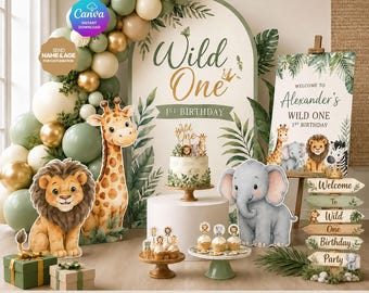May include: A party decoration set with a jungle theme, featuring a 'Wild One' banner, animal cutouts, balloons, a cake, and signage. The color scheme includes green, gold, and brown. The set is designed for a first birthday celebration.