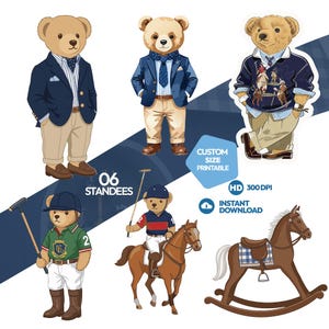 May include: Six standees of teddy bears in smart outfits. The bears wear blazers, sweaters, and polo shirts. One bear is riding a horse, and another is on a rocking horse. The image includes the text "06 Standees".